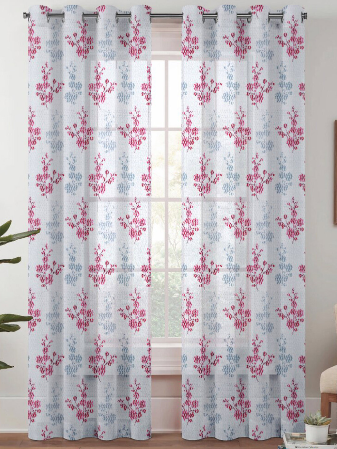 Urban Magic White & Red Floral Sheer Door Curtain