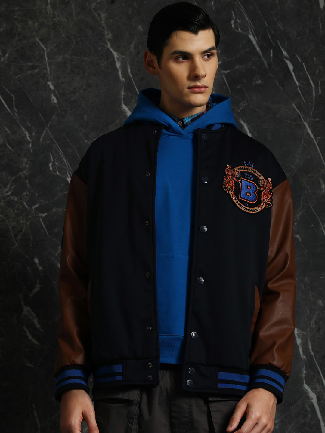 Breakbounce Navy Blue Mock Collar Longline Bomber Jacket with Embroidered