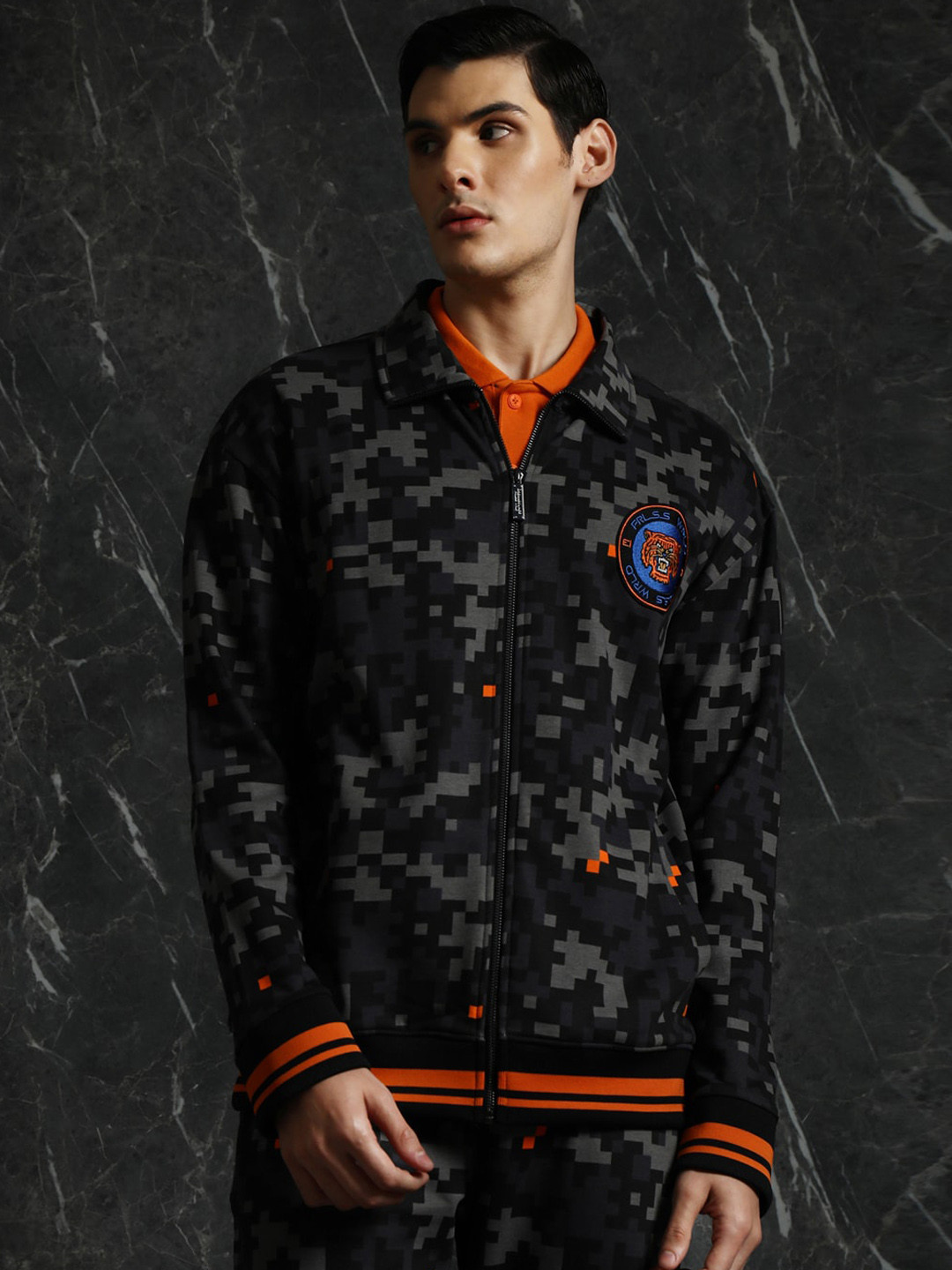 Breakbounce Black Geometric Printed Spread Collar Bomber Jacket