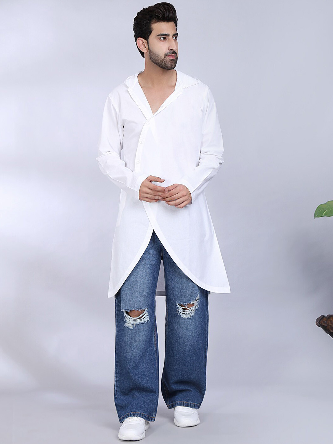 MIDAV Hooded White Romance Fusion Straight Cotton Kurta