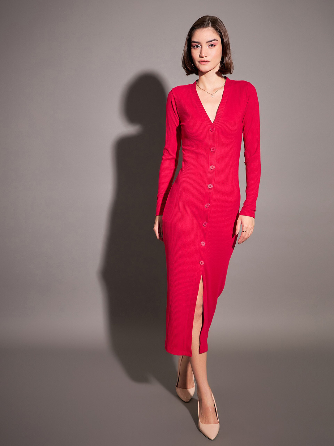 SASSAFRAS V-Neck Ribbed Sheath Midi Dress