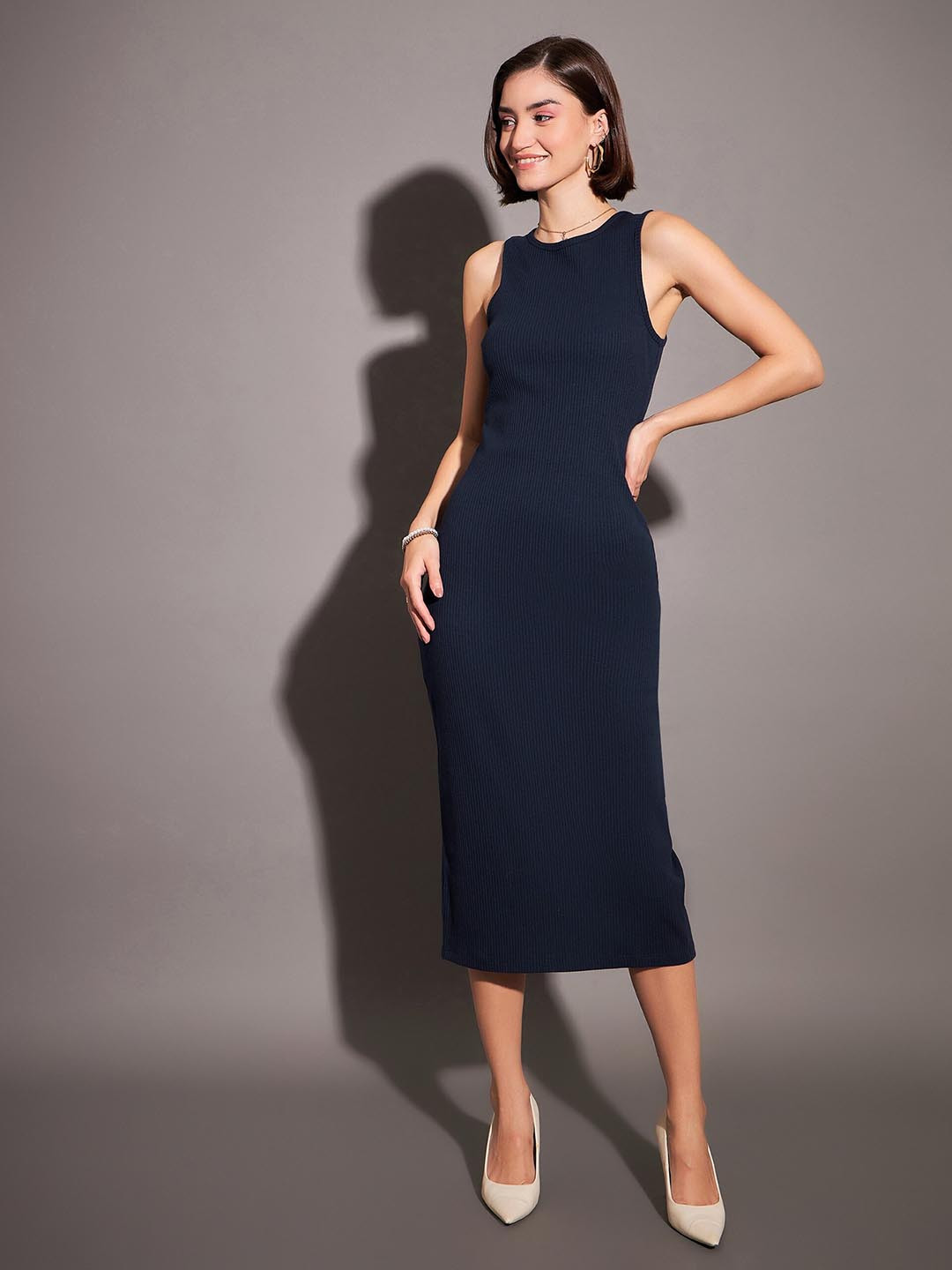SASSAFRAS Navy Blue Ribbed Sheath Midi Dress