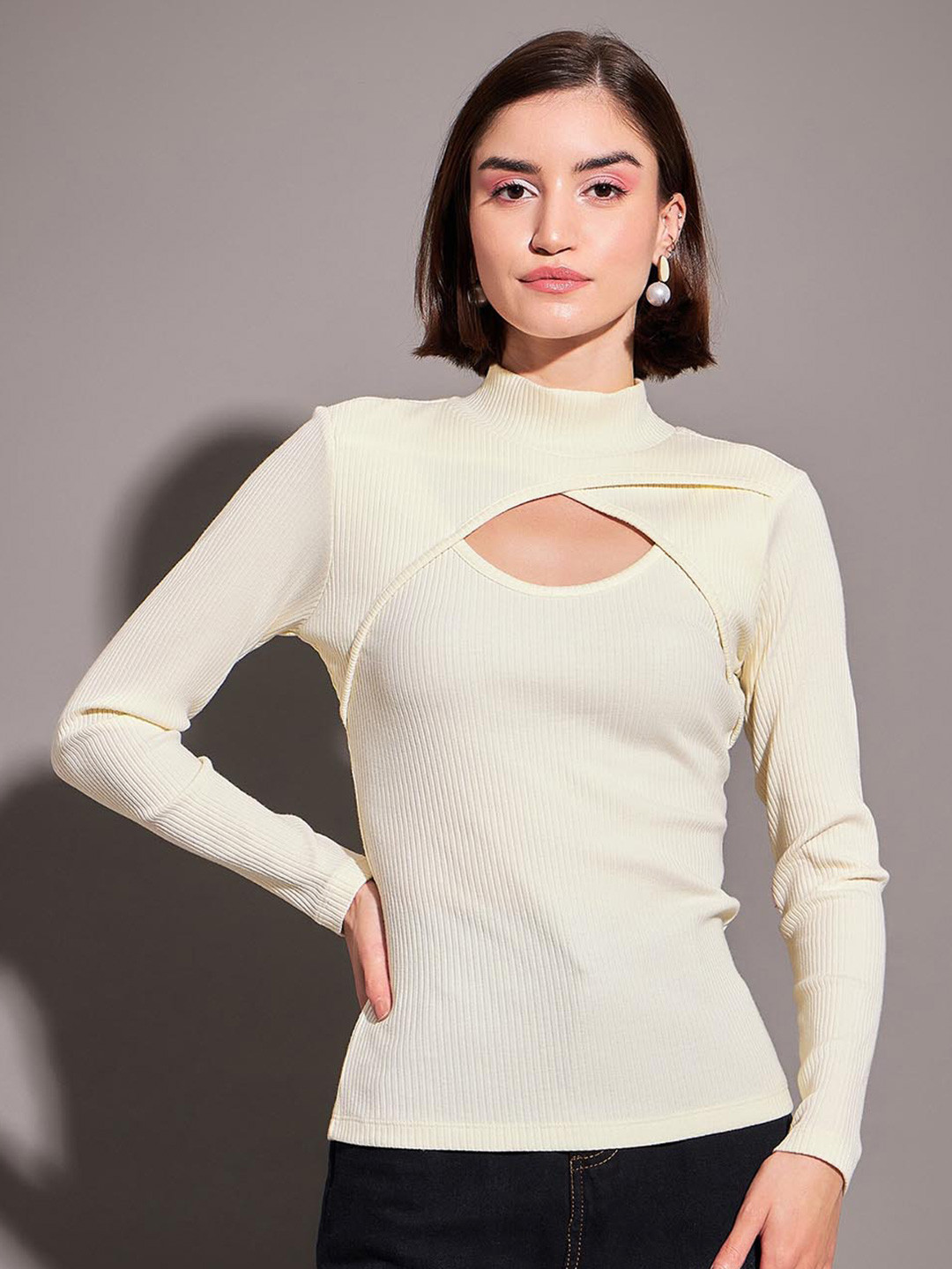 SASSAFRAS Off White Ribbed High Neck Cut Out Regular Top