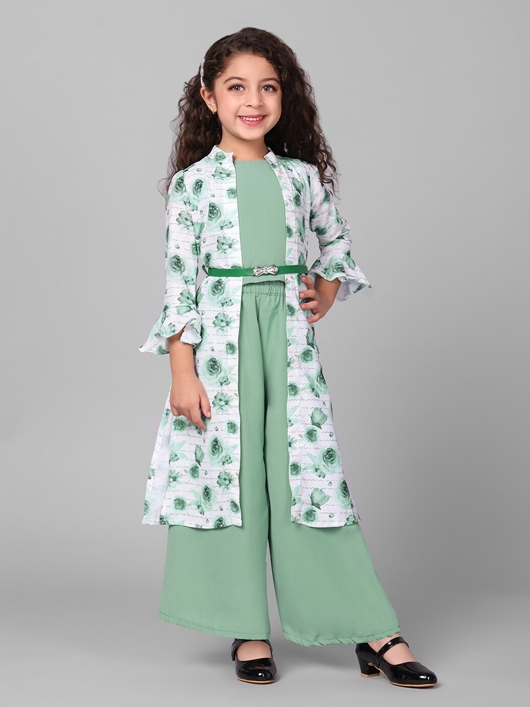 Macwin Girls Top & Palazzos With Printed Shrug