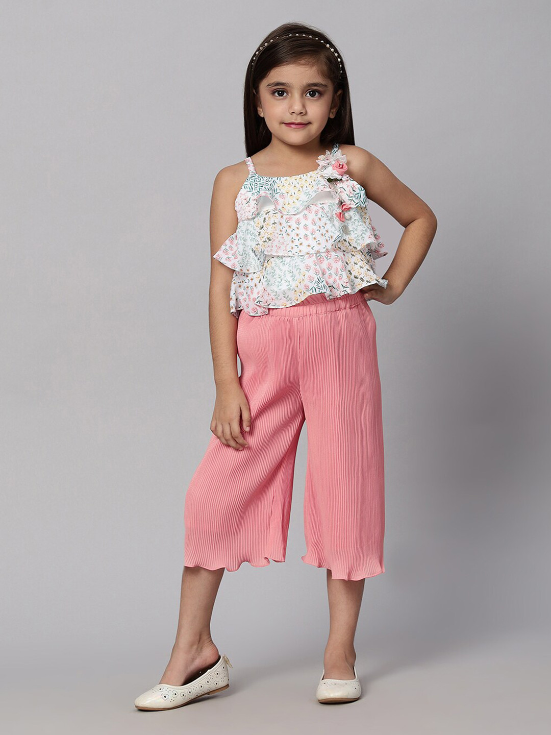 Macwin Girls Floral Printed Square Neck Sleeveless Layered Crop Top With Palazzo