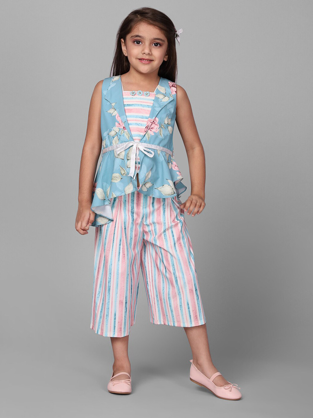 Macwin Girls Striped Top & Capris With Waistcoat