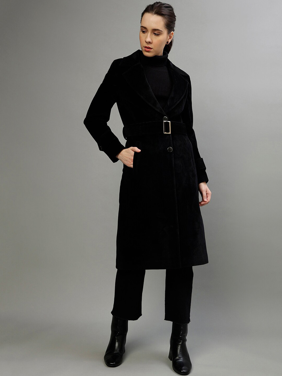 CENTRESTAGE Textured Notched Lapel Collar Single-Breasted Belted Overcoat