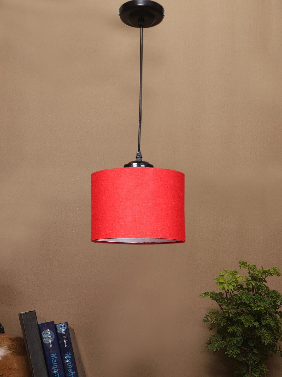 Devansh Red Cylinder shaped Textured Cotton Shade Ceiling Lamp