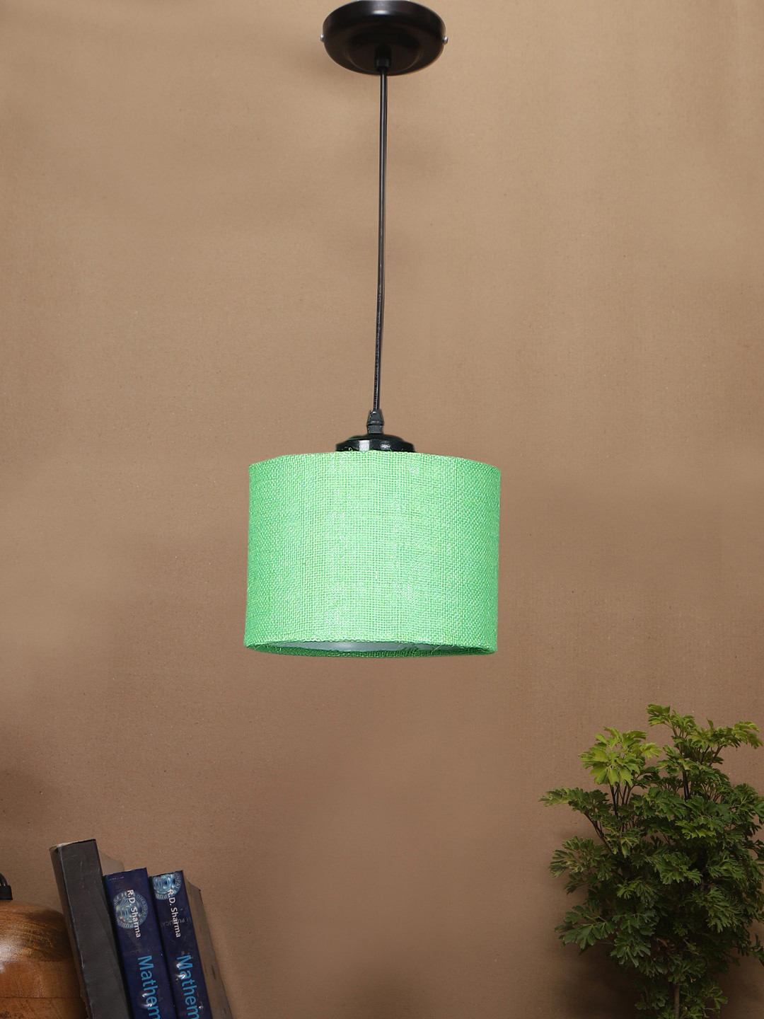 Devansh Green & Black Textured Adjustable Cord Jute Shade Hanging Lamp