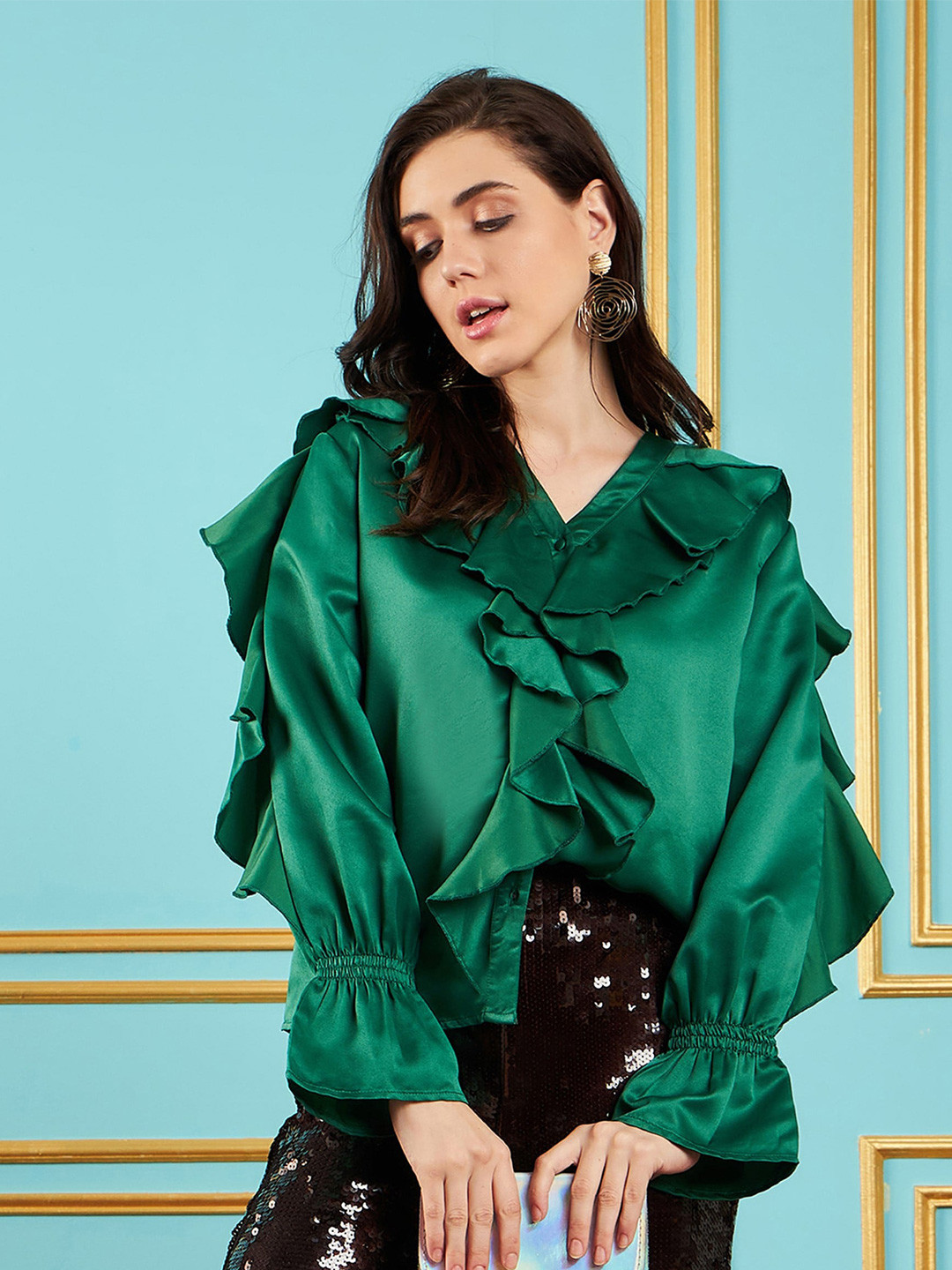 SASSAFRAS Green V-Neck Puff Sleeves Satin Top