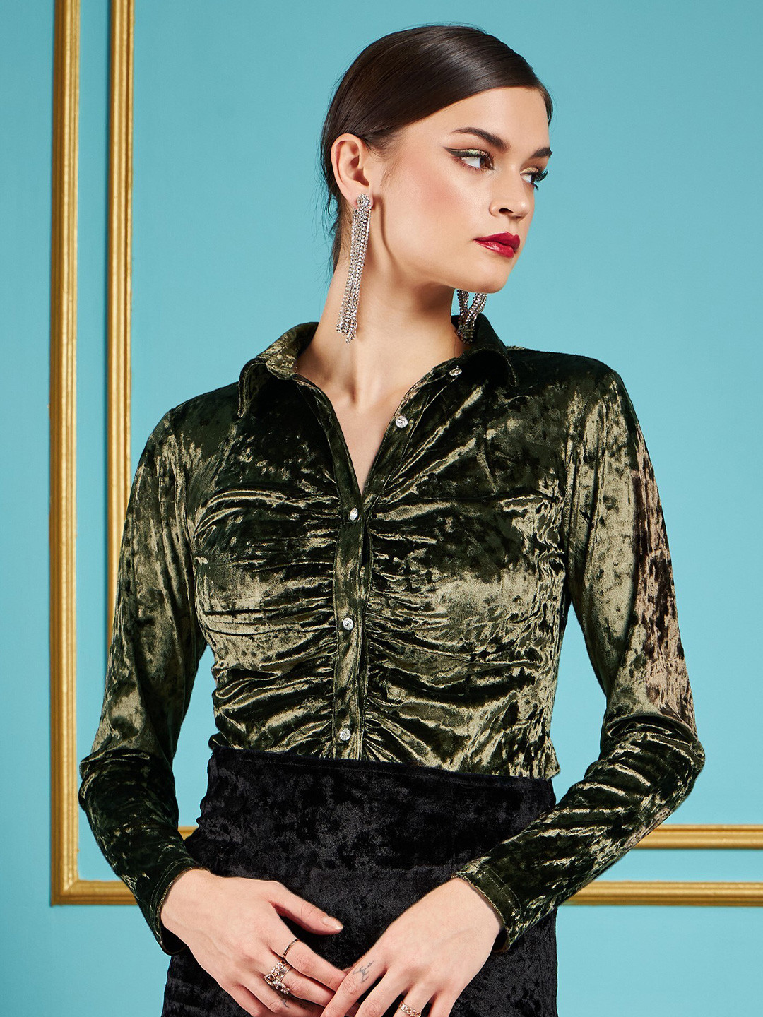 SASSAFRAS Olive Green Slim Fit Velvet Ruched Party Shirt