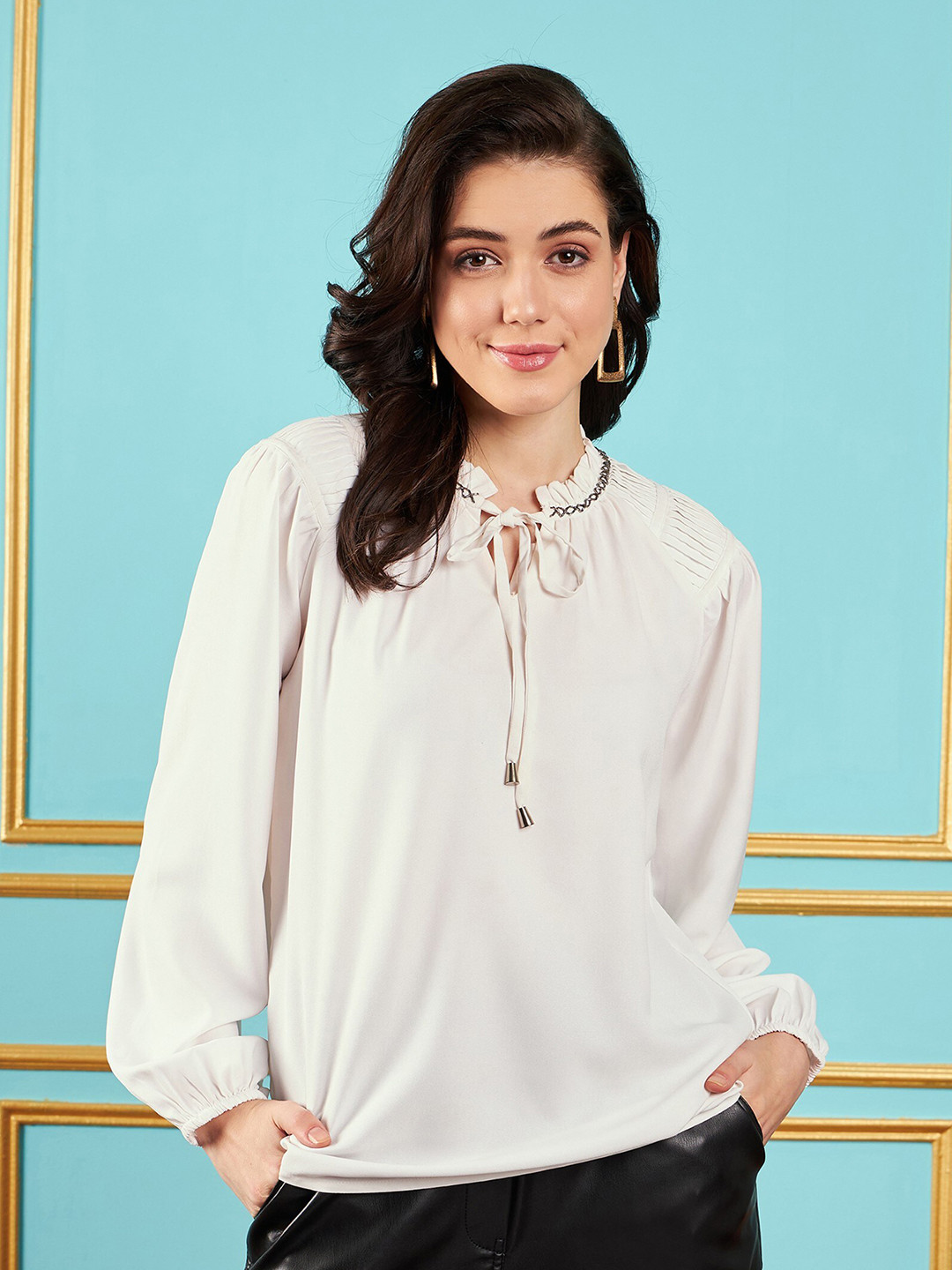 SASSAFRAS White Tie-Up Neck Puff Sleeve Top