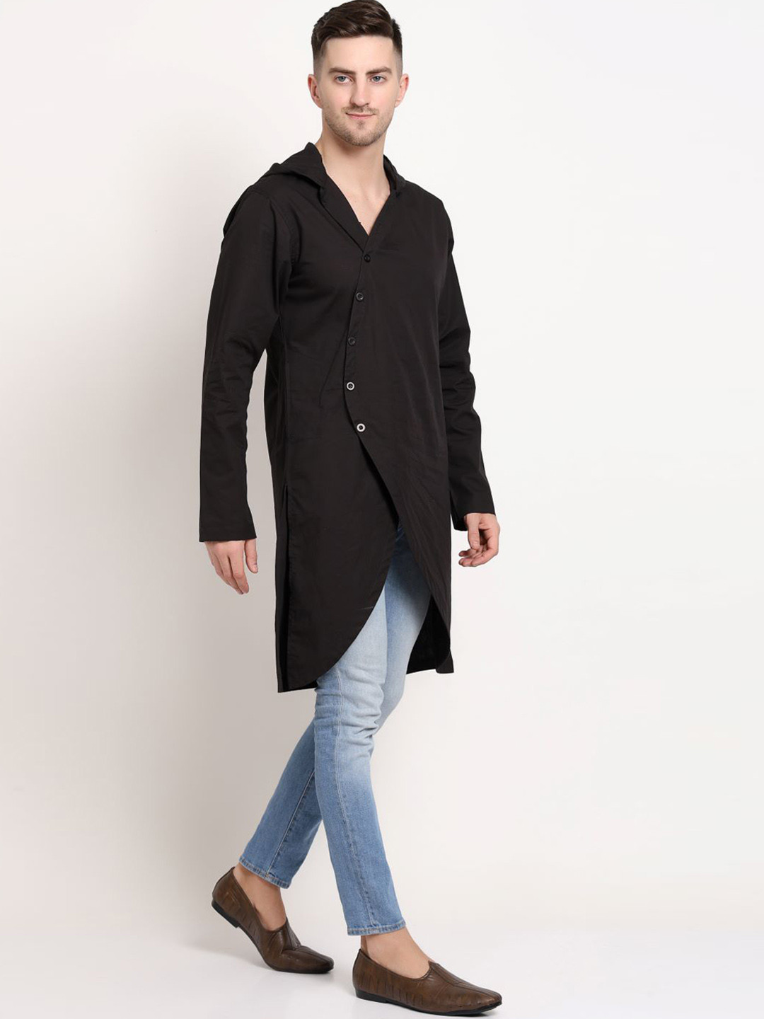 MIDAV Front Diagonal Button Hoodie Angrakha Asymmetric Cotton Kurta