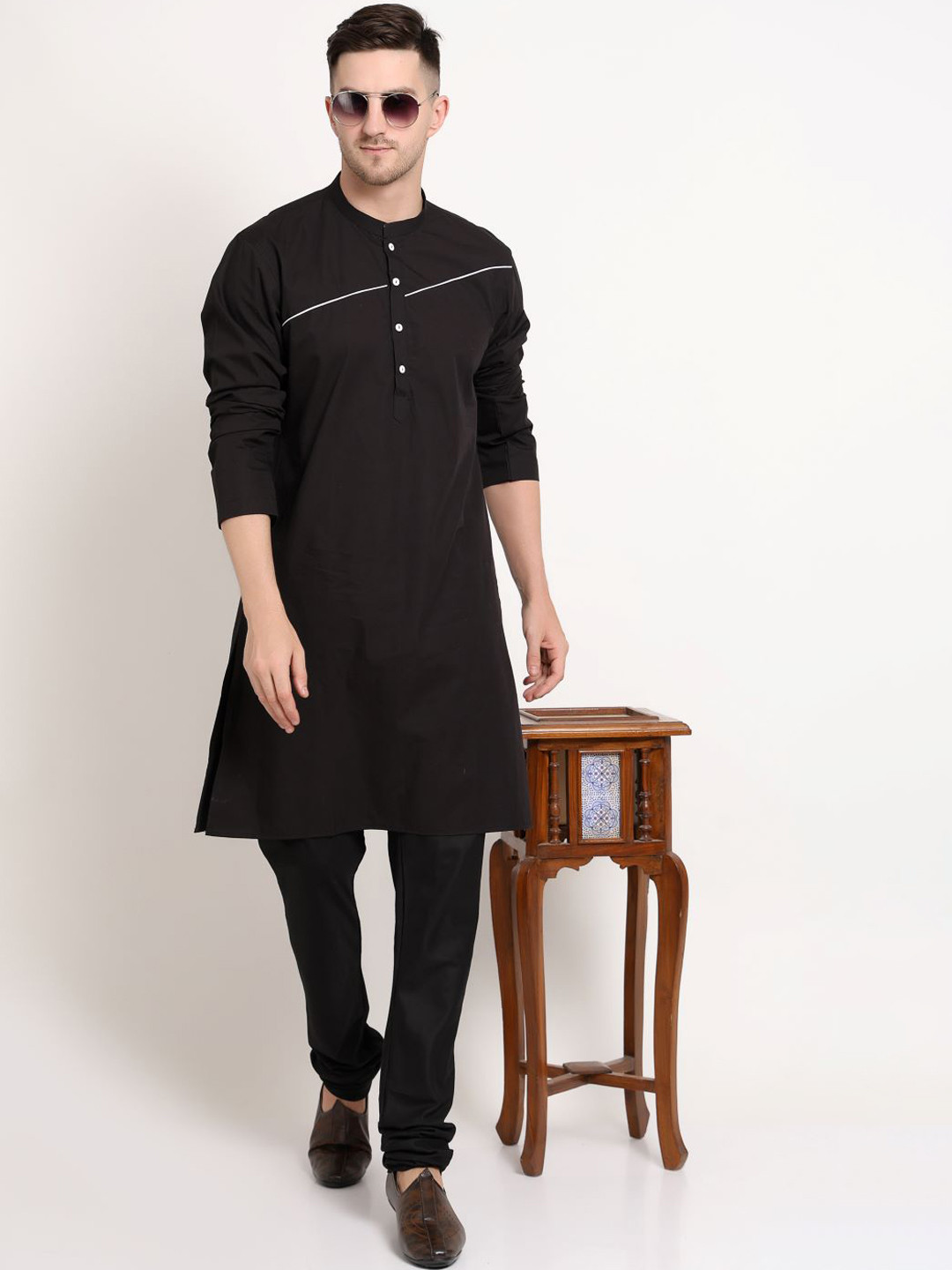 MIDAV Piping Detail Band Collar Straight Cotton Kurta
