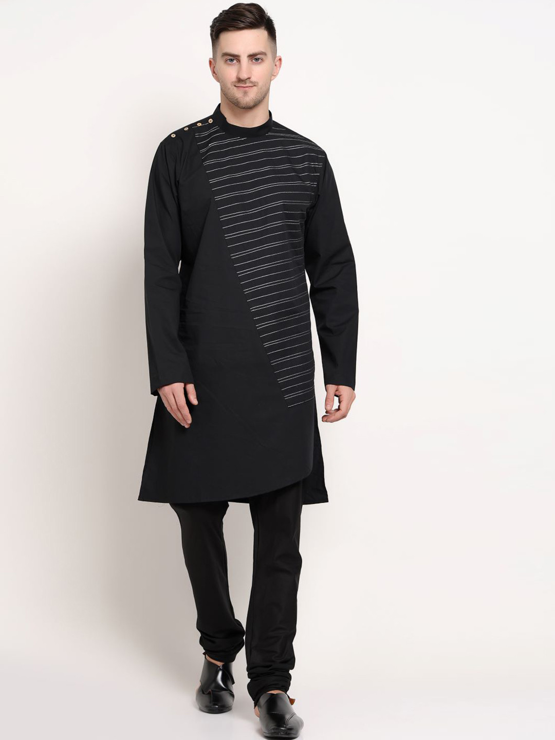 MIDAV Striped Thread Work Asymmetric Cotton Kurta