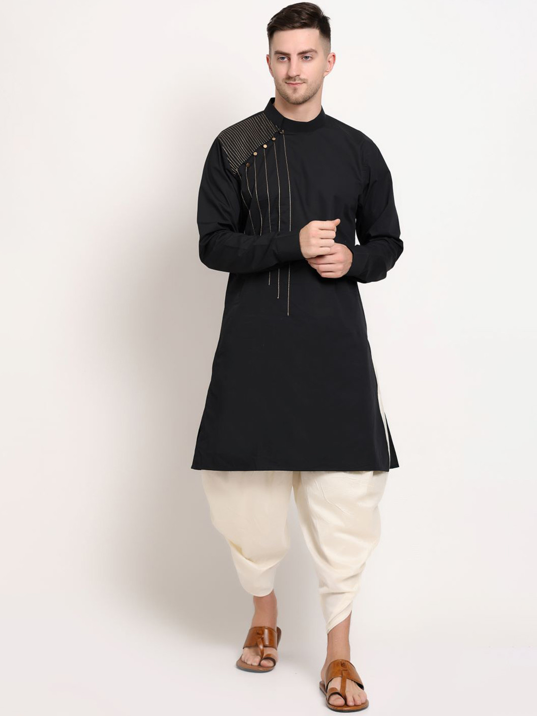 MIDAV Mandarin Collar Long Sleeves Thread Work Cotton Straight Kurta