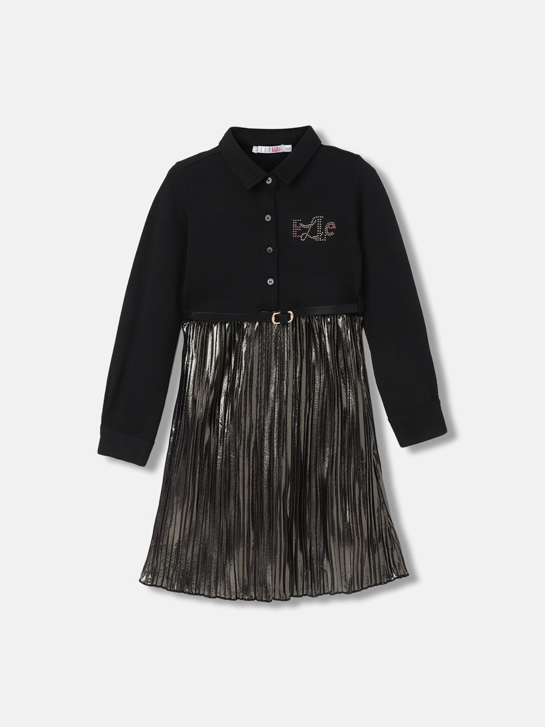 ELLE Girls Embellished Shirt Collar Full Sleeves Fit & Flare Dress