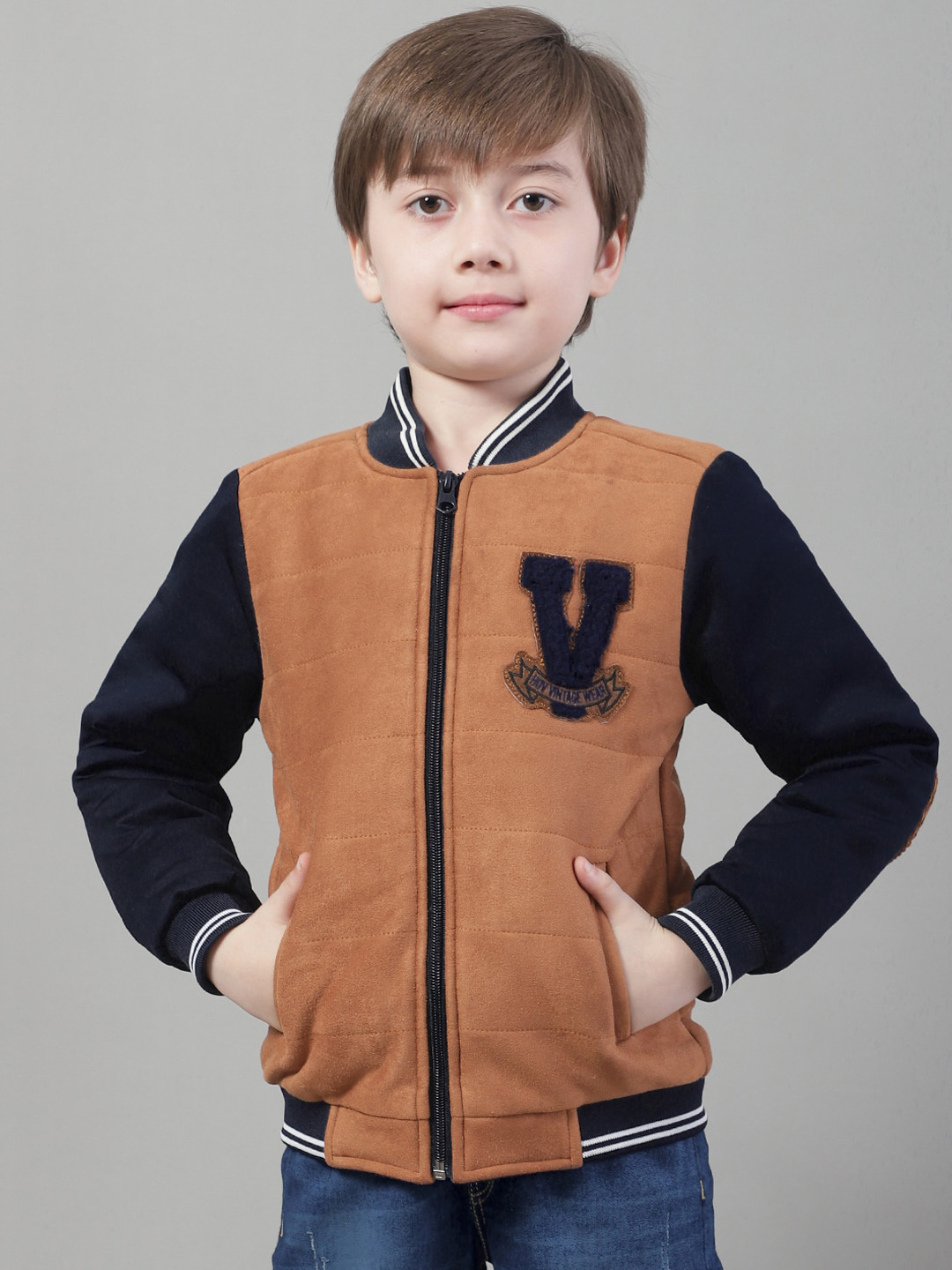 HOUSE OF VEDAS Boys Colourblocked Mandarin Collar Zip Detail Lightweight Varsity Jacket