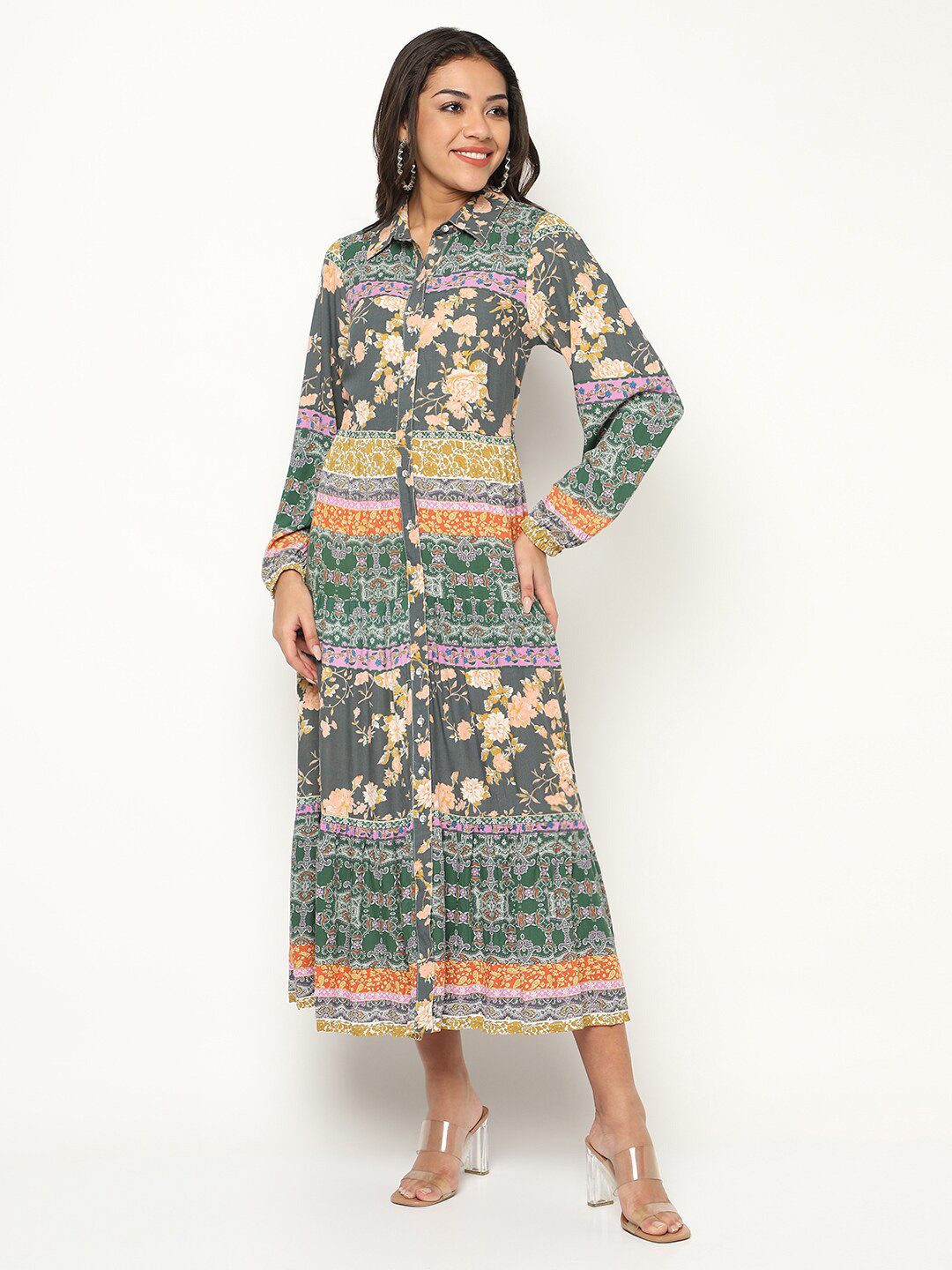 HOUSE OF S Floral Printed Puff Sleeves Shirt Midi Dress