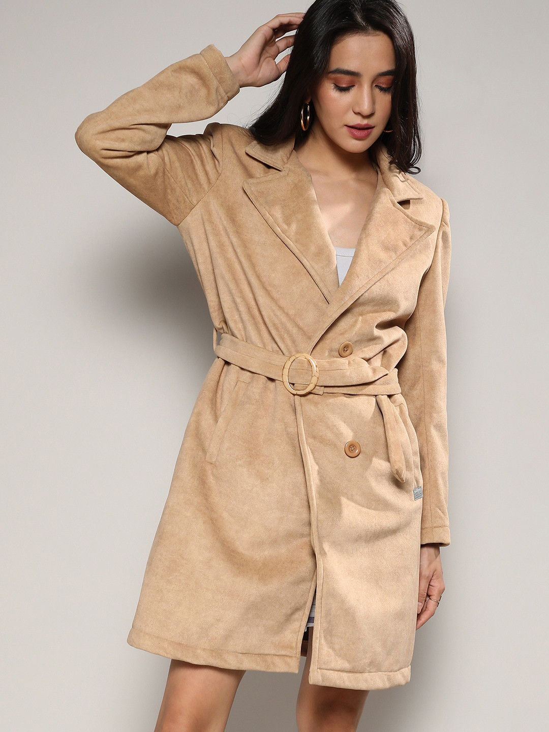Campus Sutra Beige Checked Notched Lapel Collar Suede Longline Overcoat With Belt