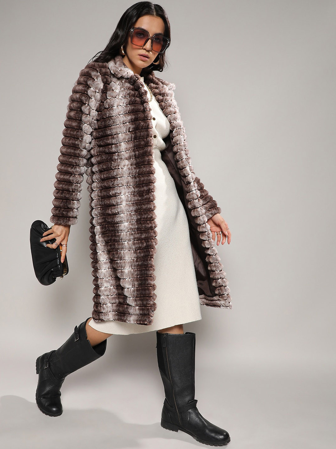 Campus Sutra Brown Self Design Spread Collar Longline Overcoat