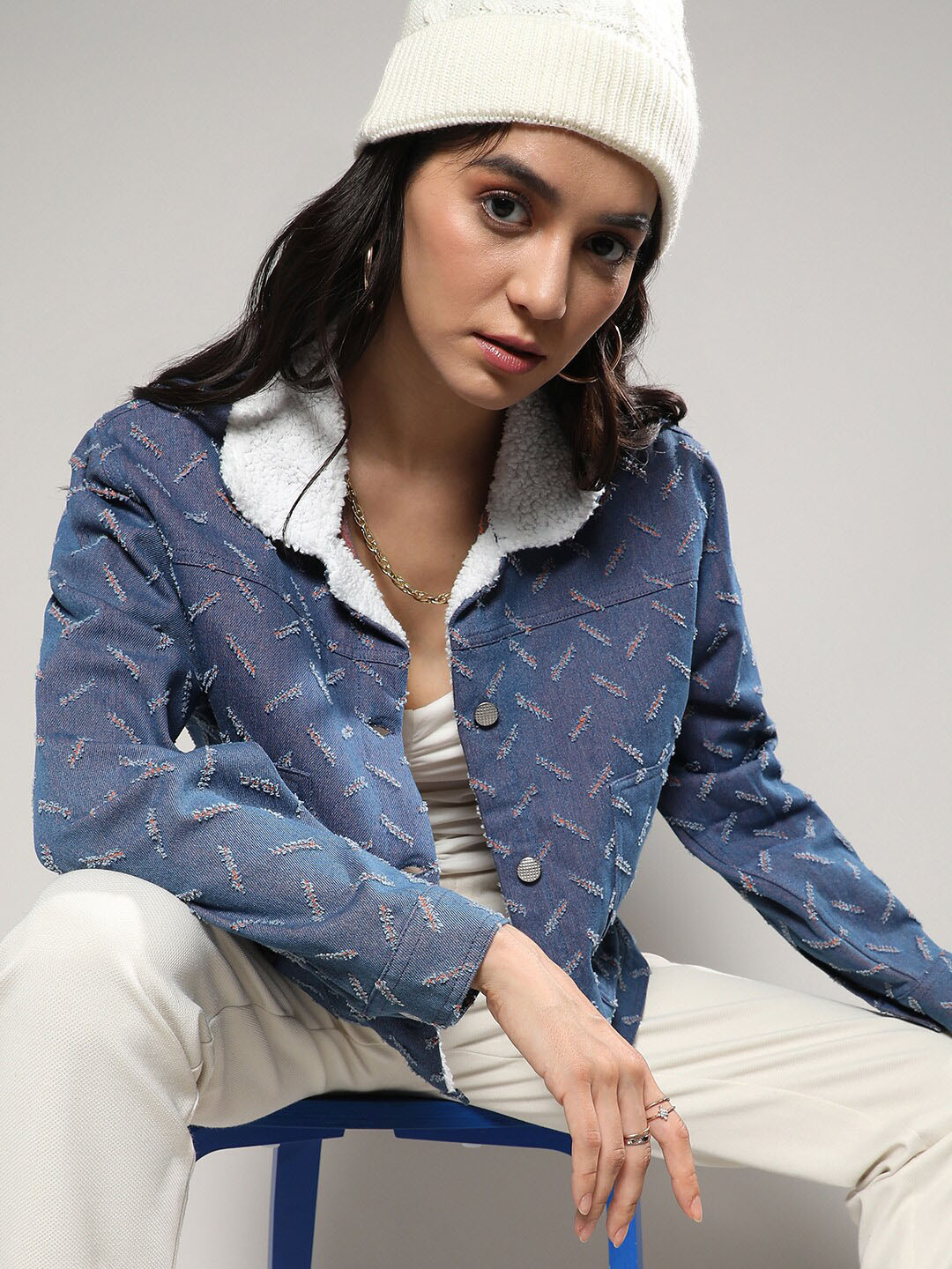 Campus Sutra Blue Distress Windcheater Denim Jacket