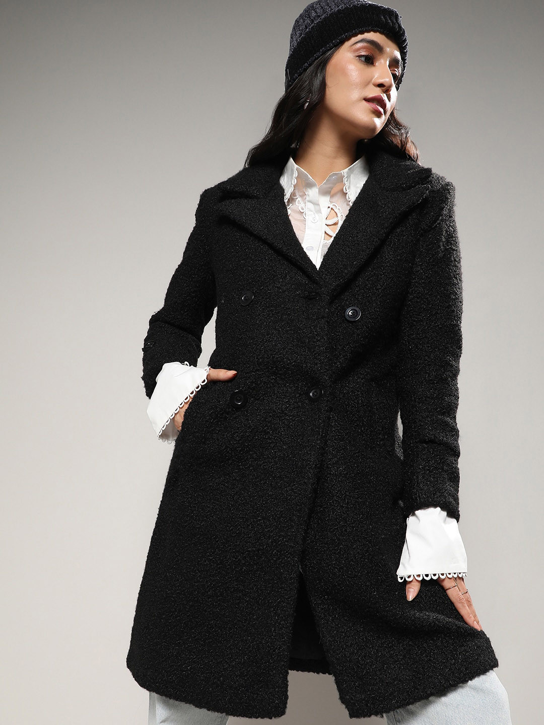 Campus Sutra Black Double-Breasted Notched Lapel Long Sleeves Woollen Longline Overcoat
