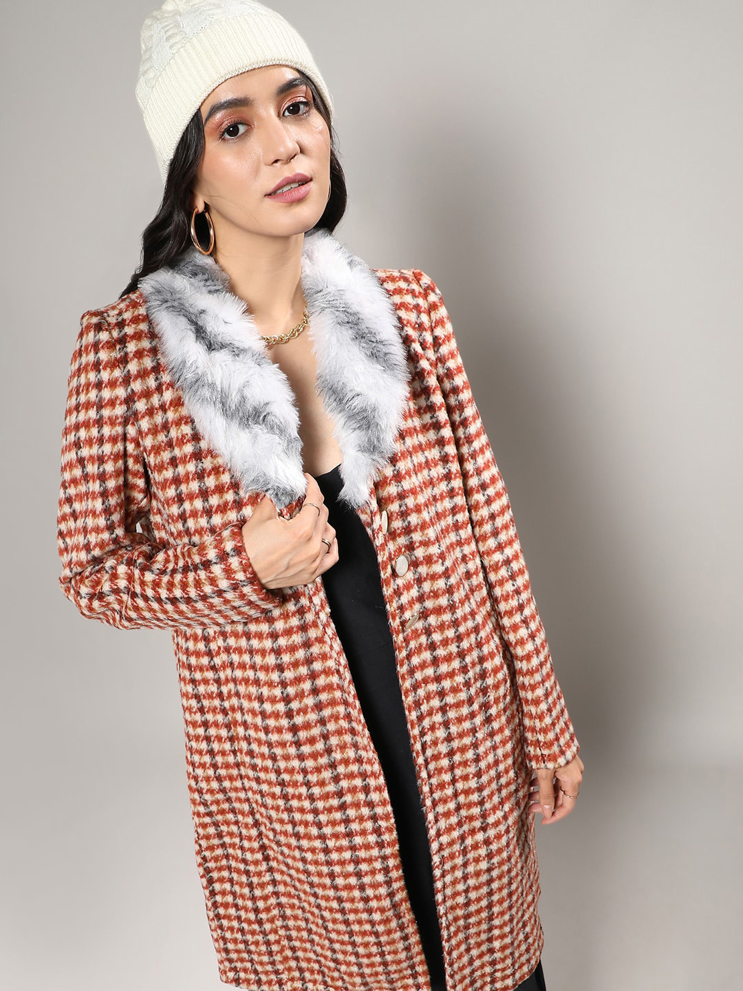 Campus Sutra Brown Checked Shawl Collar Long Sleeves Faux Fur Trim Longline Overcoat