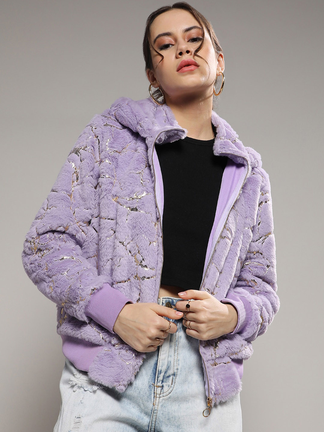 Campus Sutra Purple Self Design Windcheater Faux Fur Trim Bomber Jacket