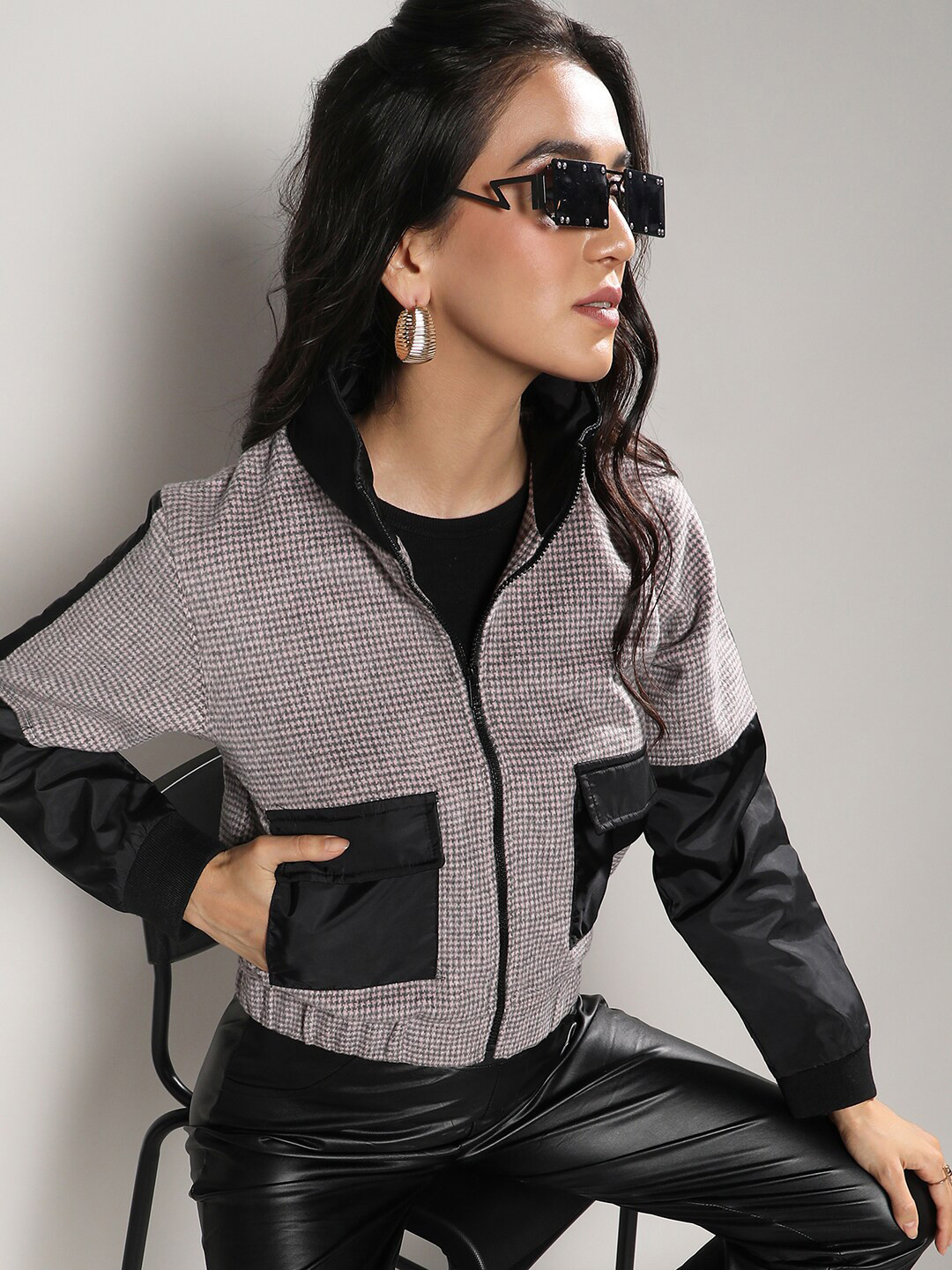 Campus Sutra Grey Houndstooth Printed Windcheater Crop Bomber Jacket
