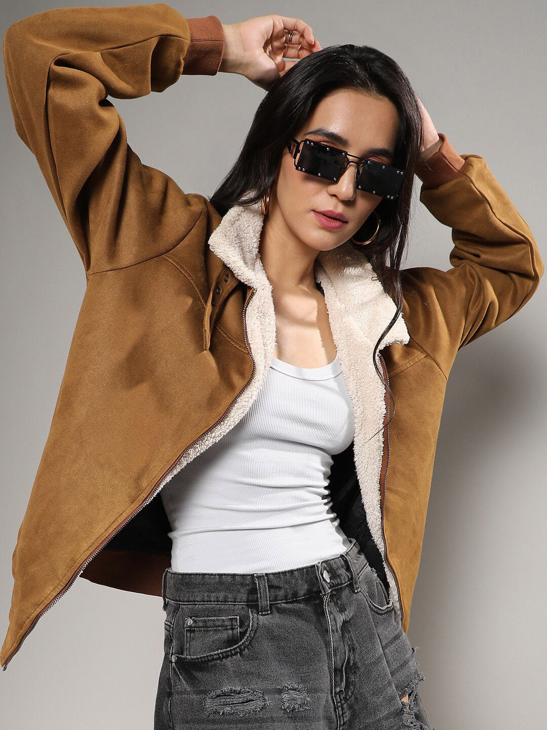 Campus Sutra Brown Windcheater Faux Fur Trim Suede Tailored Jacket