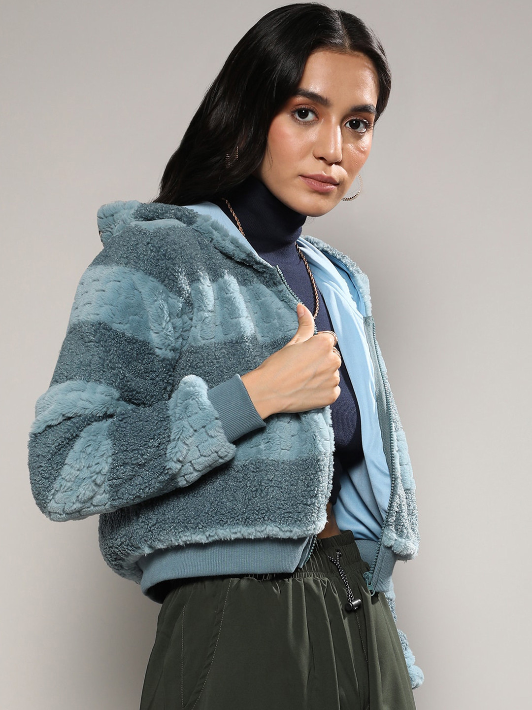 PINACOLADA Blue Striped Windcheater Faux Fur Trim Crop Bomber Jacket