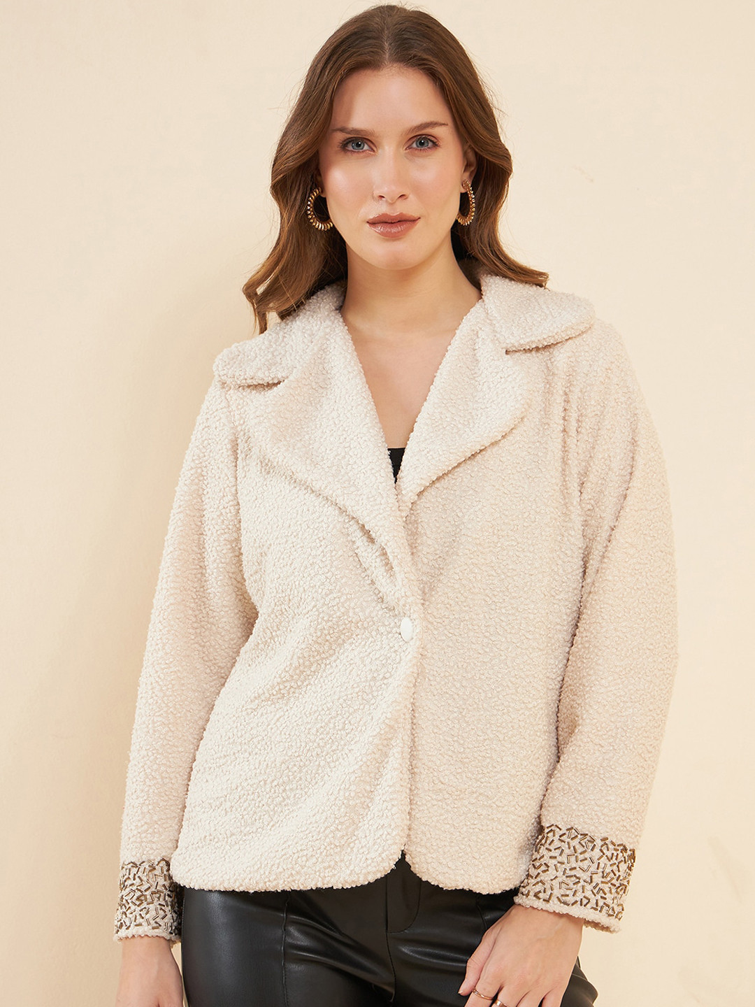 Antheaa Cream-Coloured Embellished Lapel Collar Tailored Jacket