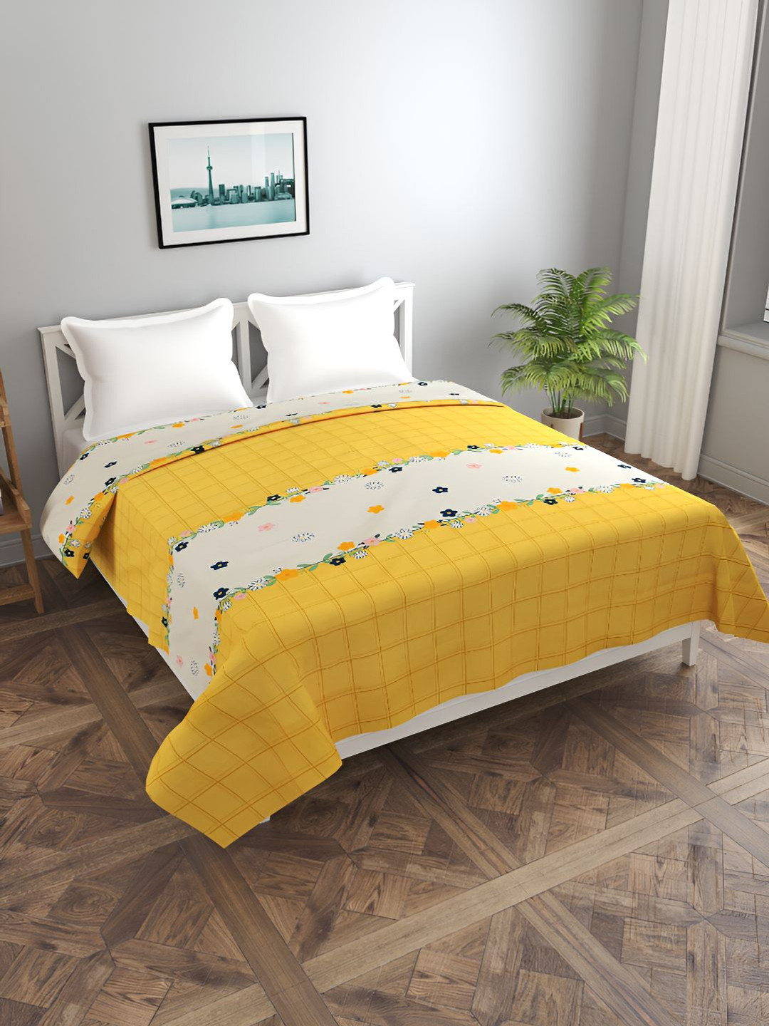 BREVARD Yellow & Cream Coloured Floral & Geometric Printed Double Queen Duvet Cover