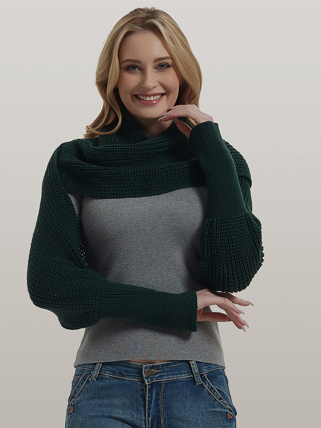 JC Collection Open Knit Self Design Turtle Neck Crop Pullover Sweater