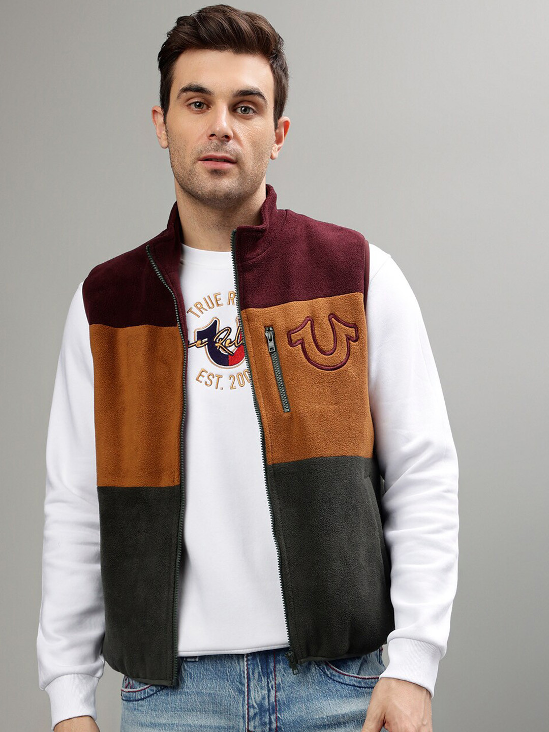 True Religion Colourblocked Stand Collar Sleeveless Tailored Jacket