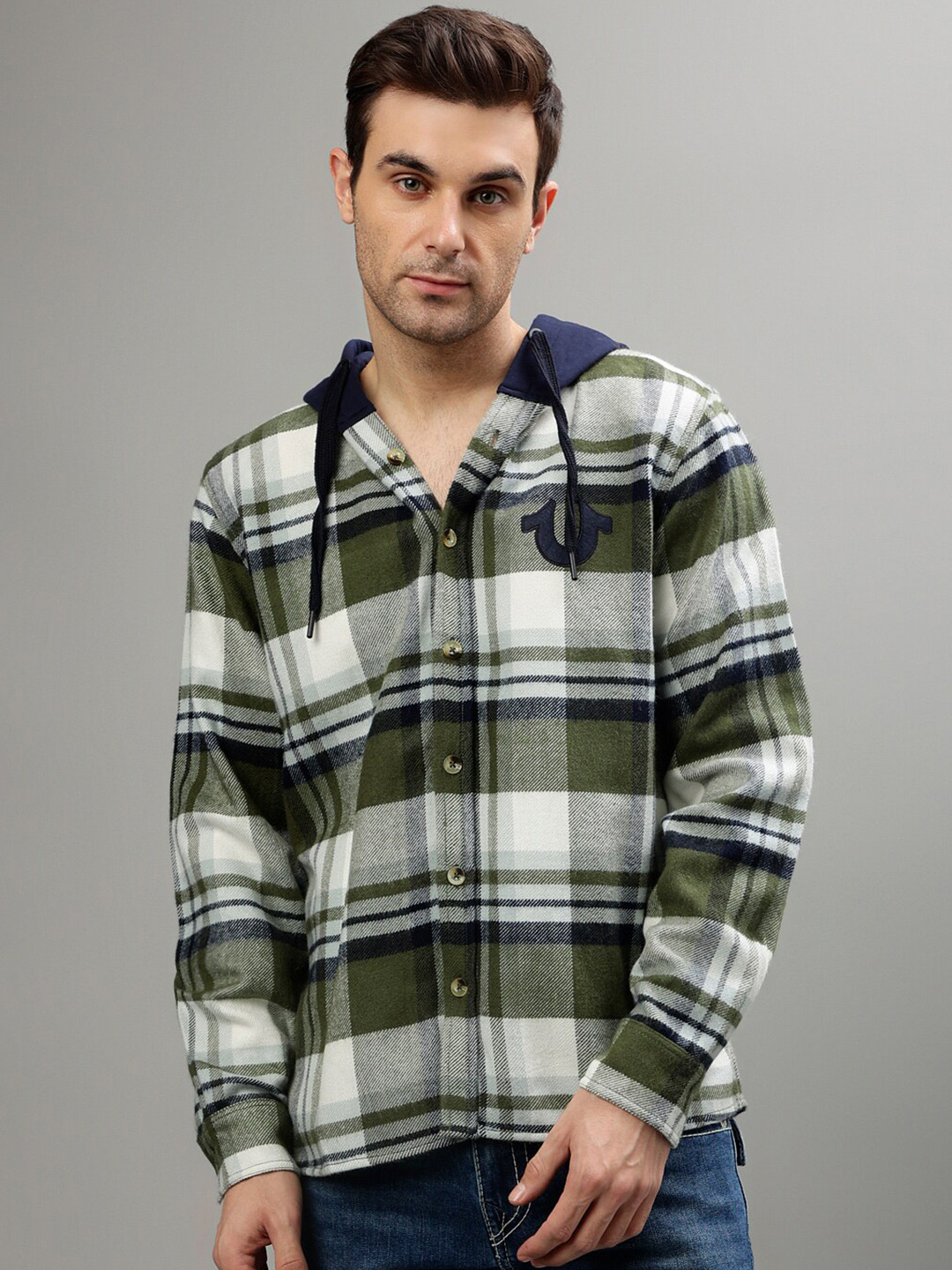 True Religion Tartan Checked Hooded Acrylic Casual Shirt