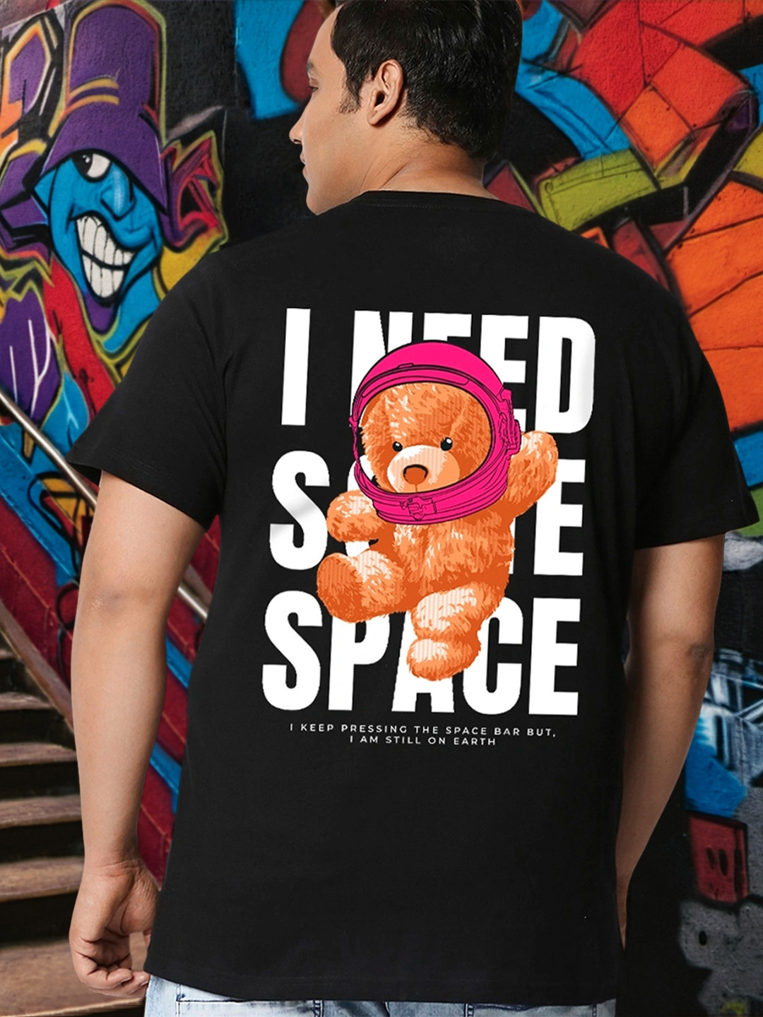 Bewakoof Plus Plus Size Space Teddy Printed Cotton Regular Fit T-shirt