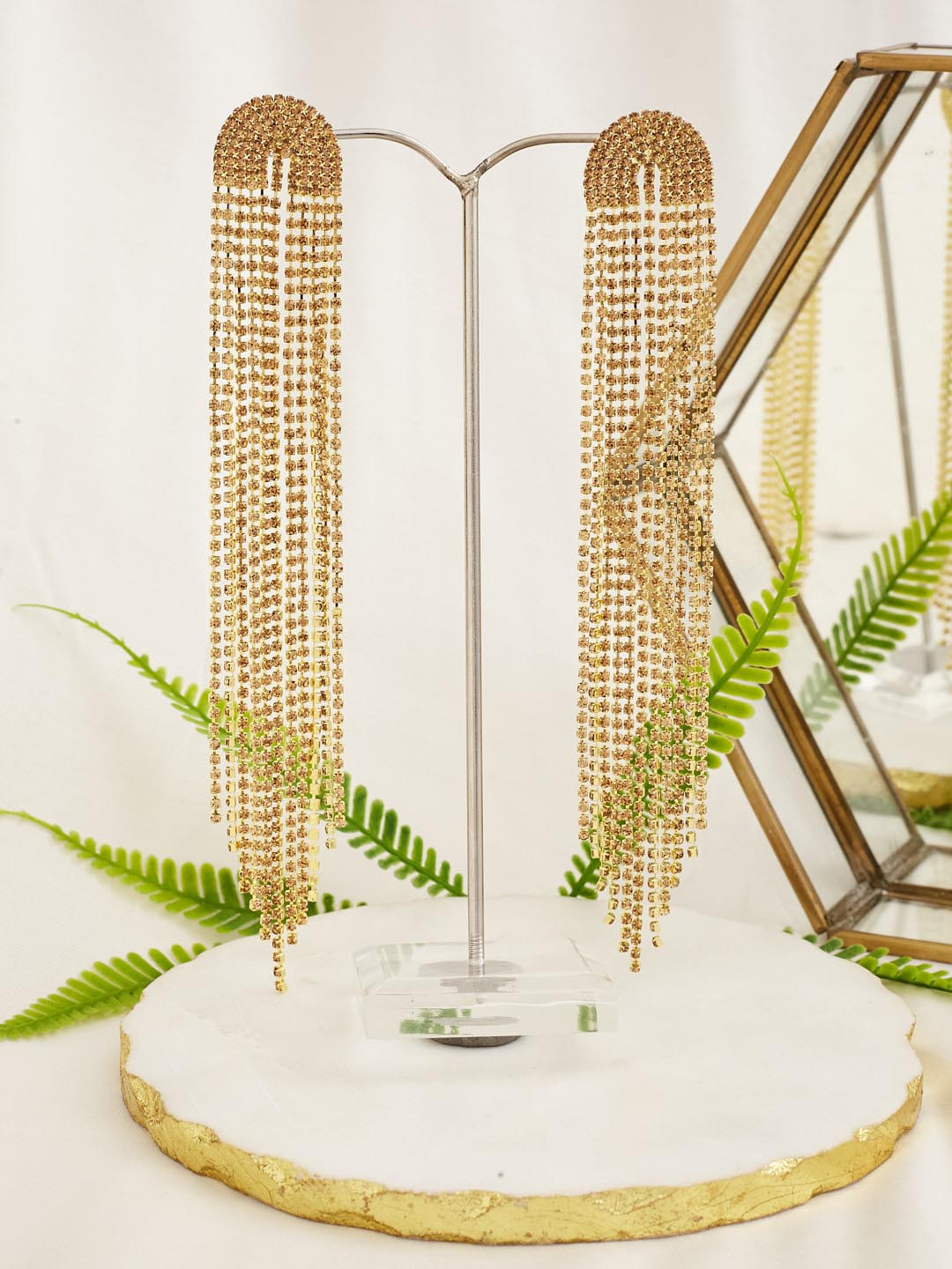 ATIBELLE Copper-Plated Rhinestone Studded Contemporary Tasselled Drop Earrings