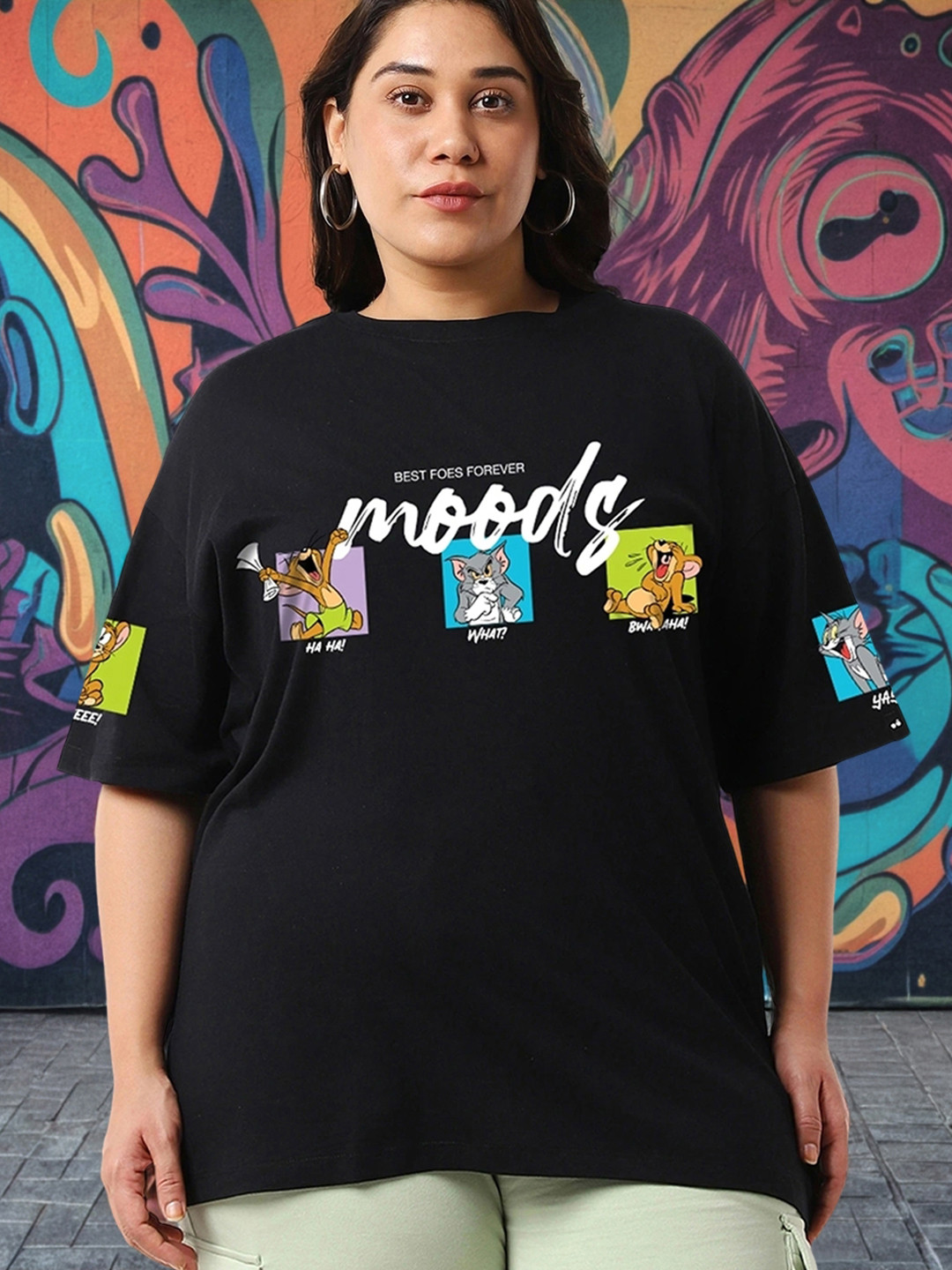 Bewakoof Plus Plus Size Tom & Jerry Printed Drop-Shoulder Sleeves Cotton Oversized T-shirt