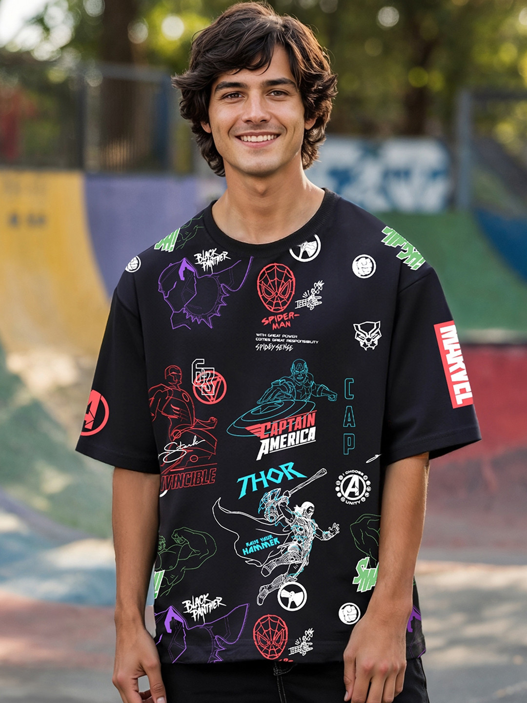 Bewakoof Heavy Duty 1.0 Men Black Marvel All Over Printed Super Loose Fit T-shirt