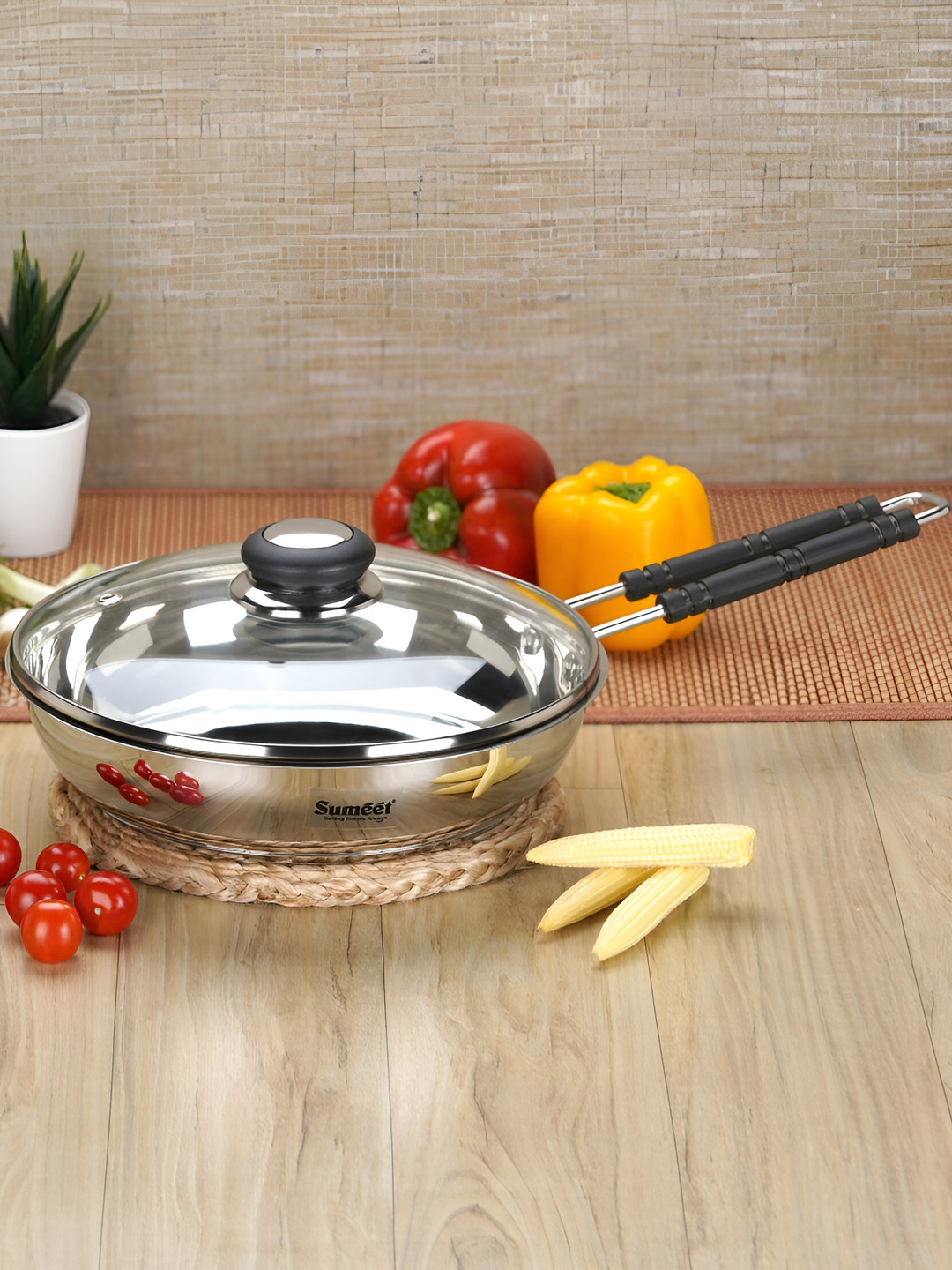 Sumeet Silver-Toned Stainless Steel Induction Base Frying Pan With Glass Lid 1.7L