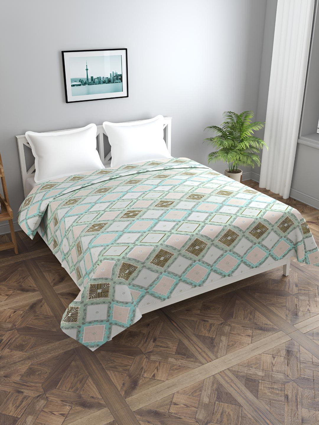 BREVARD Off White & Green Geometric Printed Double Duvet Cover