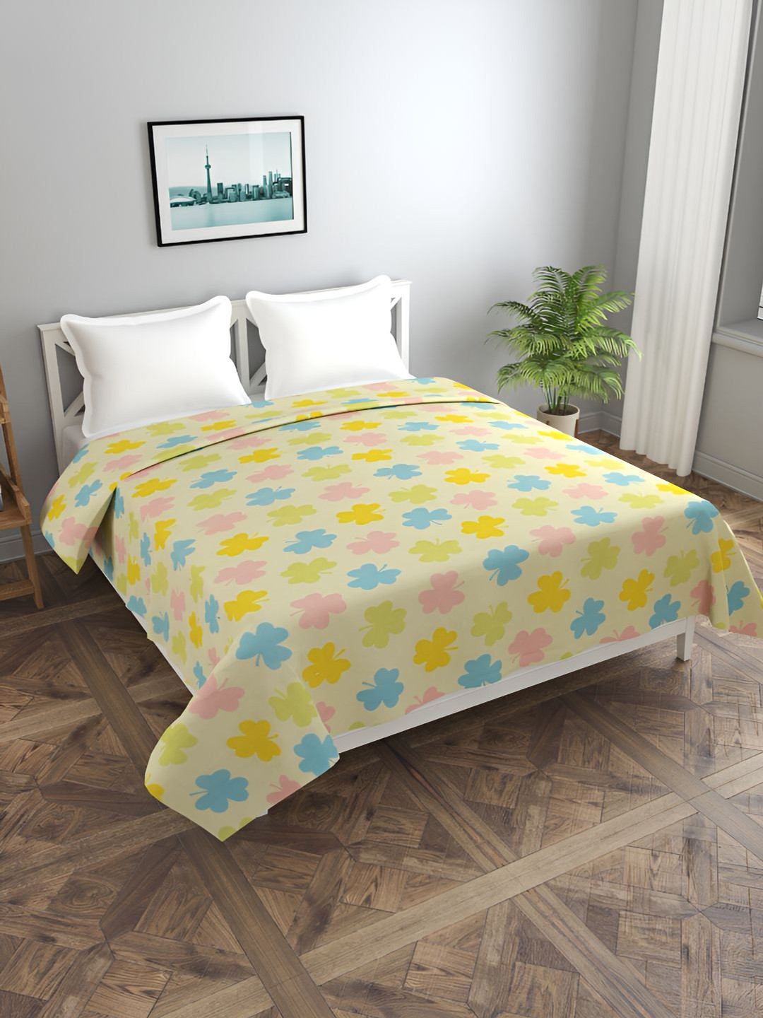 BREVARD Yellow & Green Leaves Printed Double Duvet Cover
