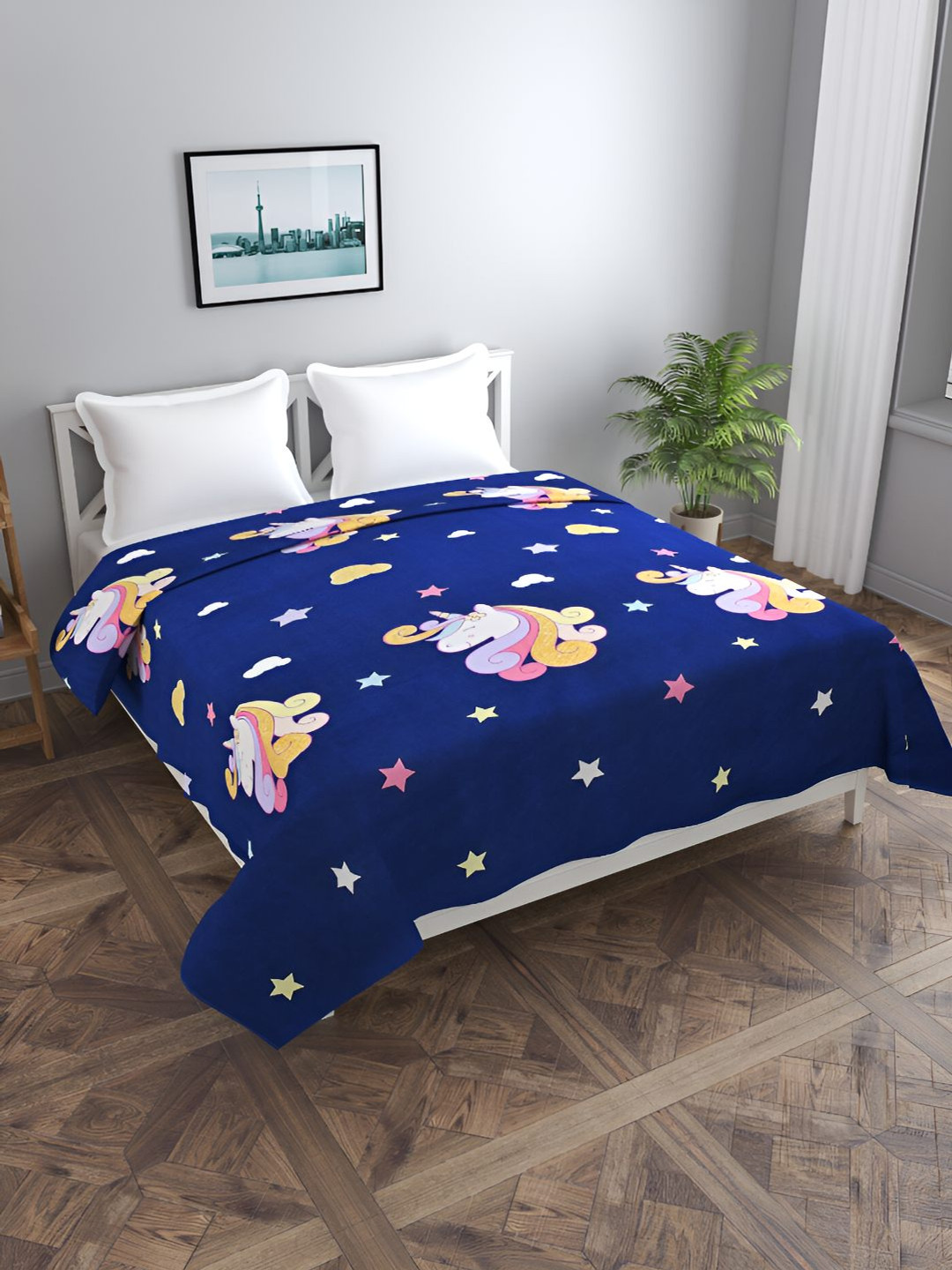 BREVARD Navy Blue & Yellow Graphic Printed Double Queen Duvet Cover