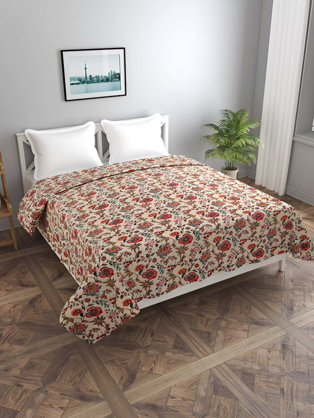 BREVARD Red & Beige Floral Printed Double Queen Duvet Cover