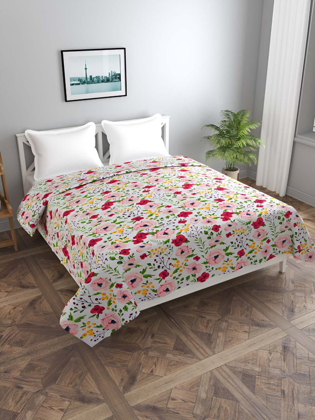 BREVARD White & Pink Floral Printed Double Duvet Cover