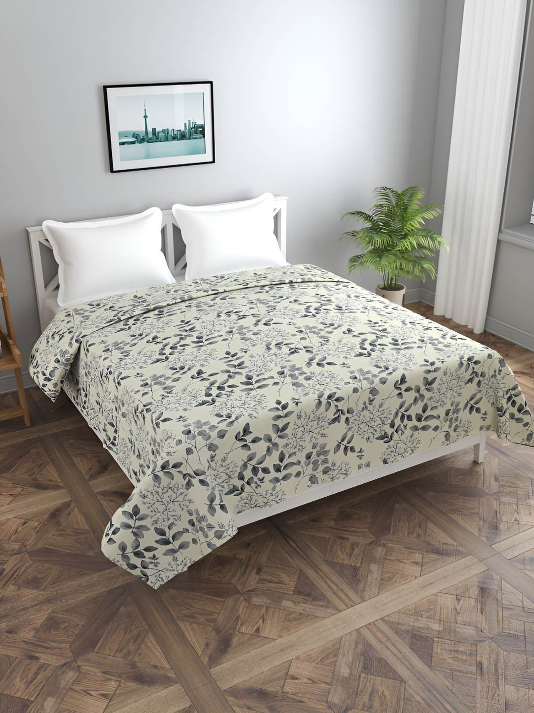 BREVARD Cream-Colored & Grey Leaves Printed Double Duvet Cover