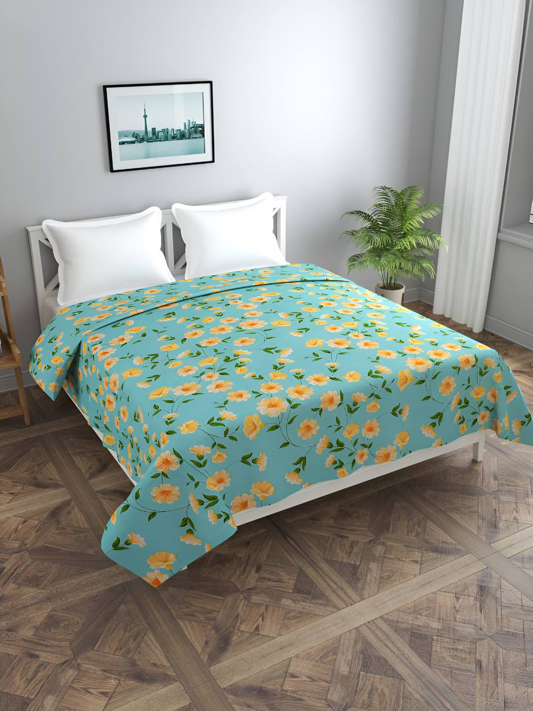 BREVARD Sea Green & Orange Floral Printed Double Duvet Cover
