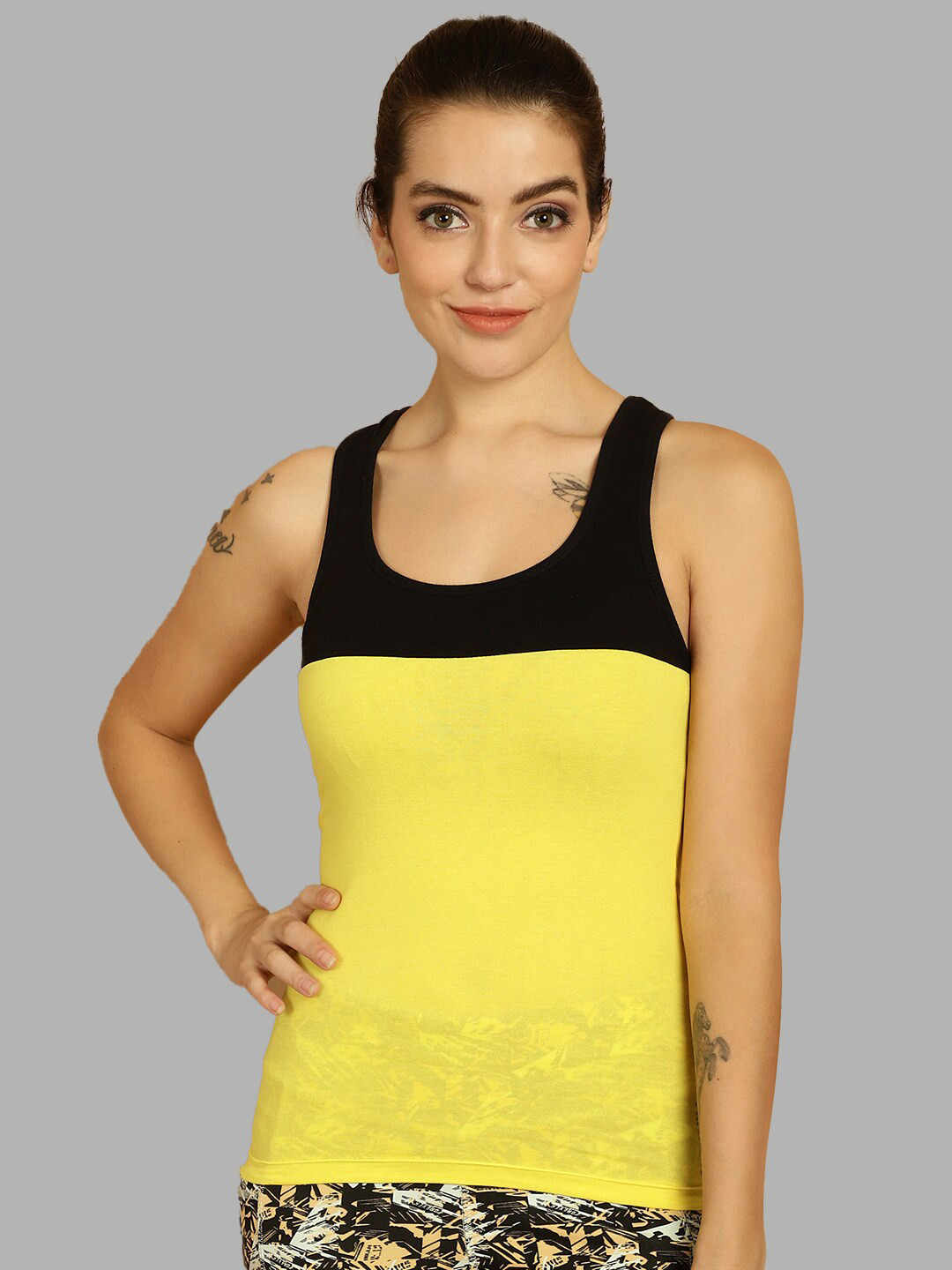 Friskers Black & Yellow Colourblocked Casual Tank Top